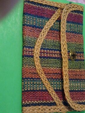 Woven Multi-Color Straw Clutch Bag with Natural Trim